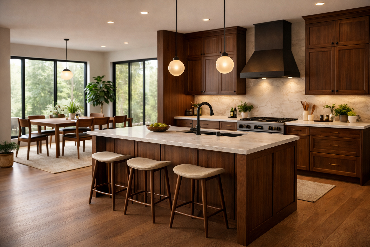Modern kitchen with walnut cabinets, large island with seating, light stone countertops, and open dining area with natural light.