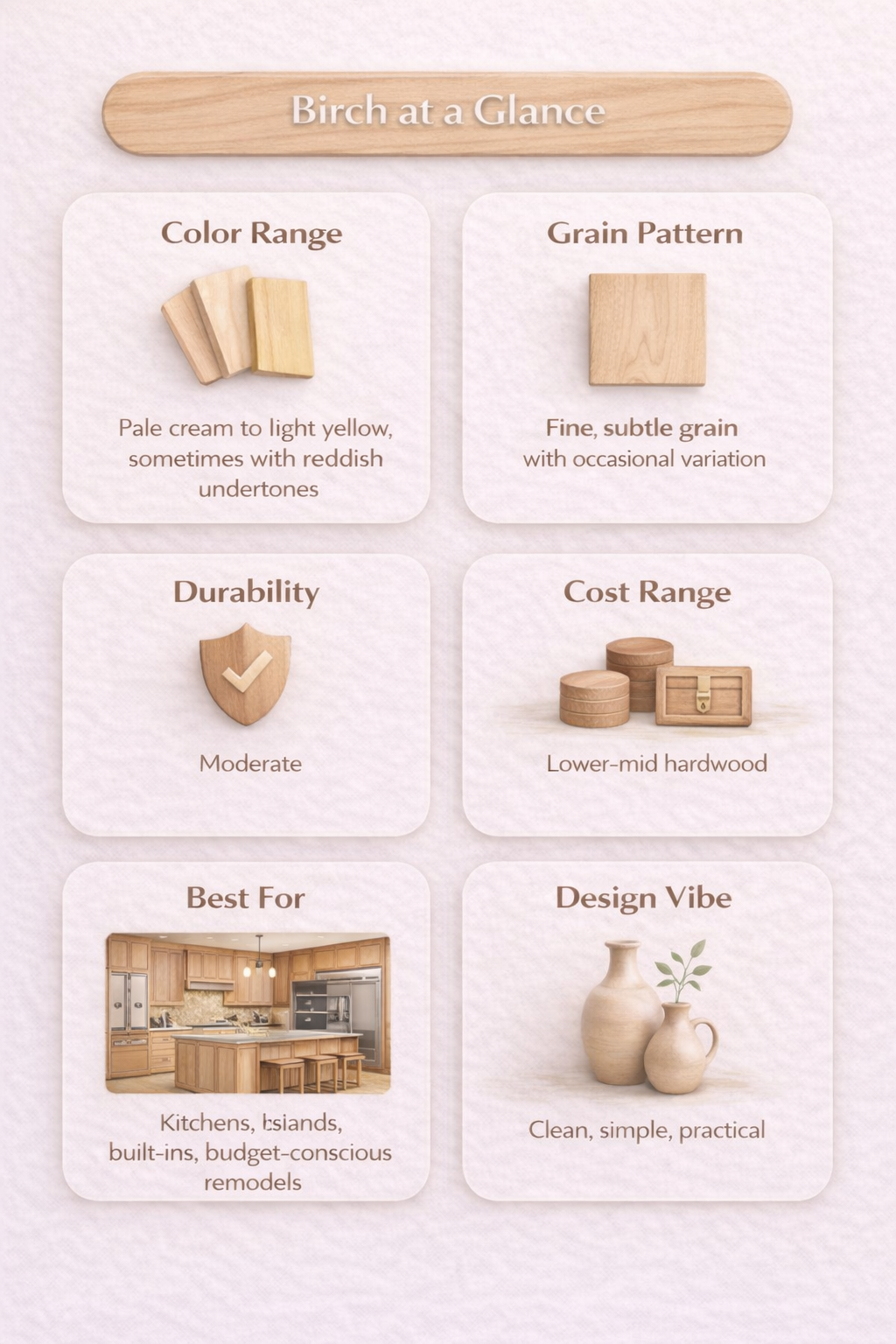 “Birch wood cabinet infographic showing light color range, fine subtle grain, moderate durability, lower-mid cost, and clean practical design vibe.”