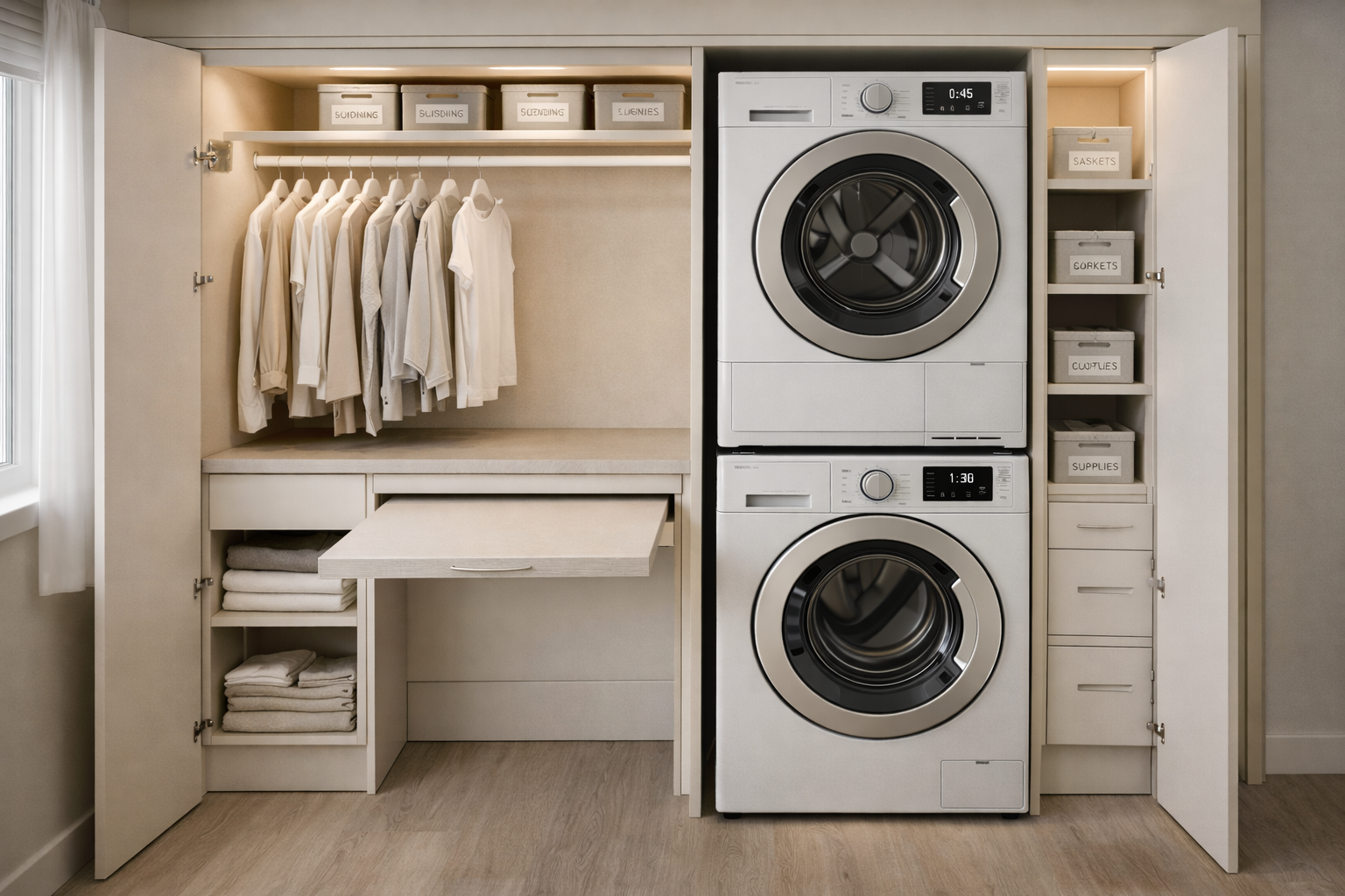AI-generated concept image of a built-in laundry nook with stacked washer and dryer, custom storage cabinets, pull-out shelves, and hanging space, created to visualize potential laundry layouts and not a real-world installation.