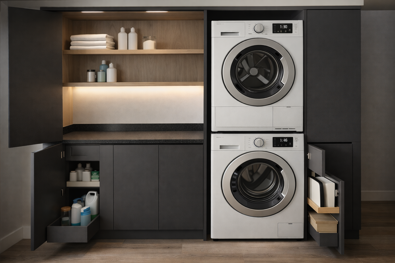 AI-generated laundry room design concept featuring a stacked washer and dryer integrated into full-height cabinetry with open shelves, pull-out storage drawers, and under-cabinet lighting, illustrating a possible modern laundry nook layout rather than a real Rossmoor installation.