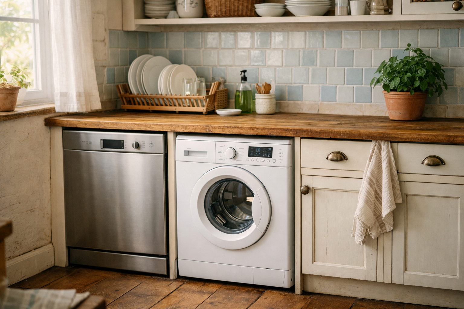 Front-load washing machine built into a vintage-style French kitchen under a wood countertop next to a dishwasher and open shelving.