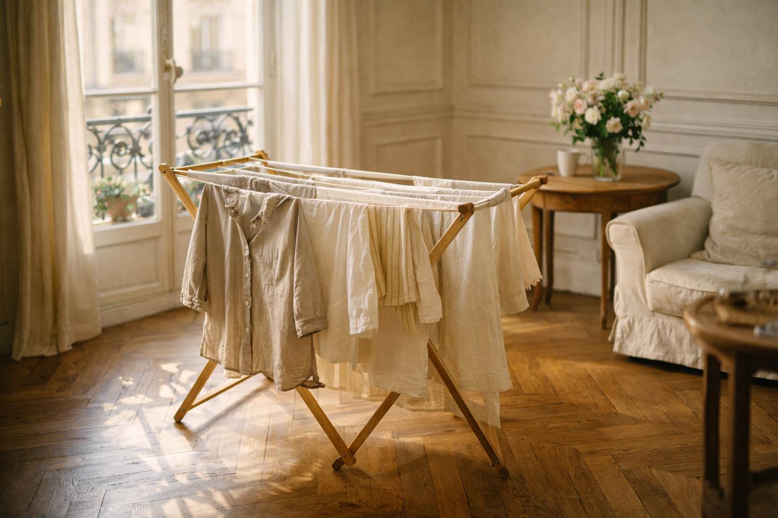 Black stacked washer and dryer in a compact laundry nook with sliding doors and white cabinets, designed for efficient small-space use.