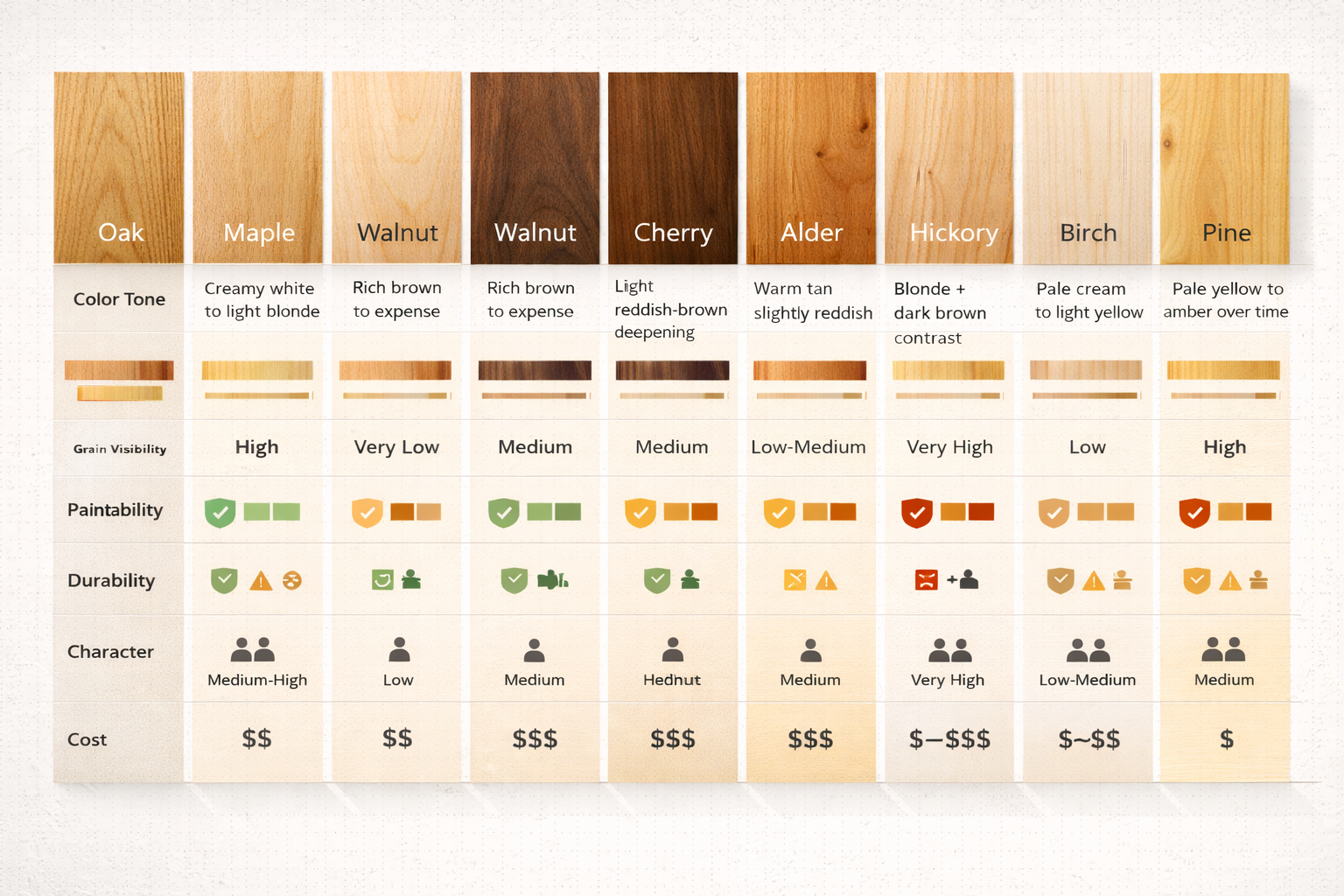 Wood species comparison chart showing oak, maple, walnut, cherry, alder, hickory, birch, and pine with color tone, grain visibility, paintability, durability, character, and cost indicators.
