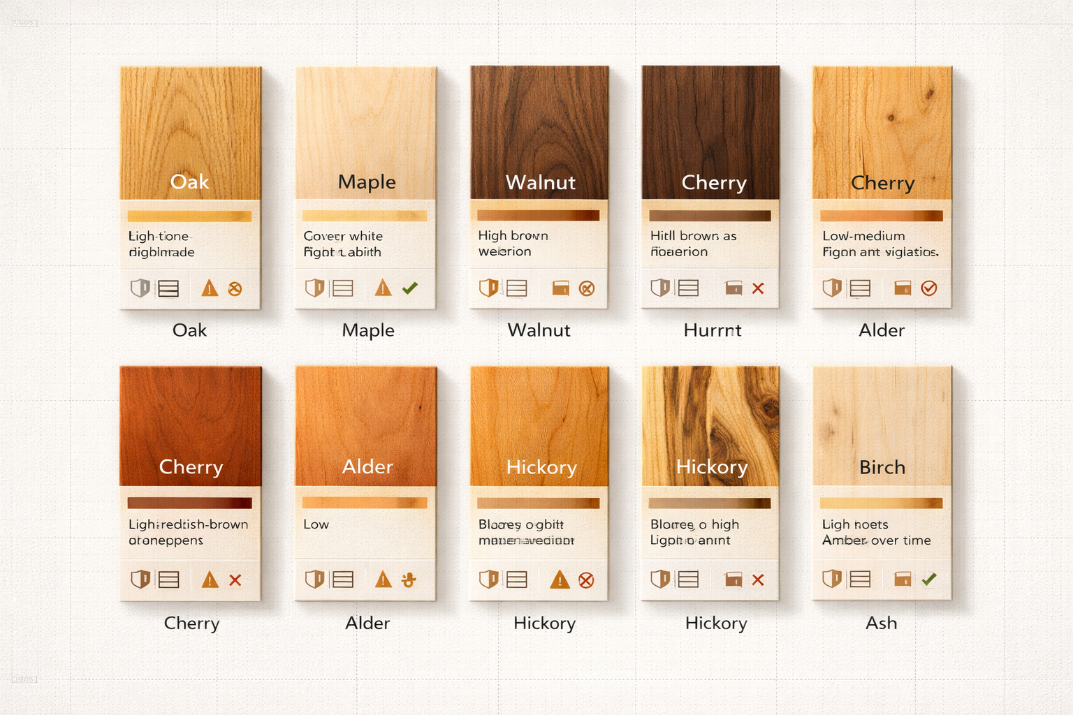 Individual wood species cards showing oak, maple, walnut, cherry, alder, hickory, birch, and ash with visual grain samples and icons for durability, paint suitability, and character level.