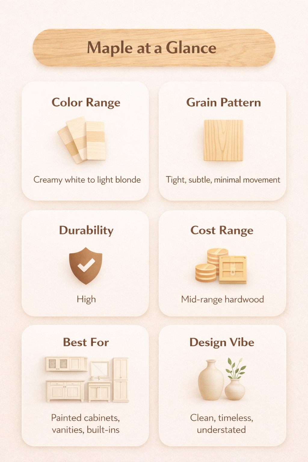 Maple wood overview graphic showing creamy white to light blonde color range, subtle grain pattern, high durability, mid-range cost, and best uses for painted cabinets, vanities, and built-ins.