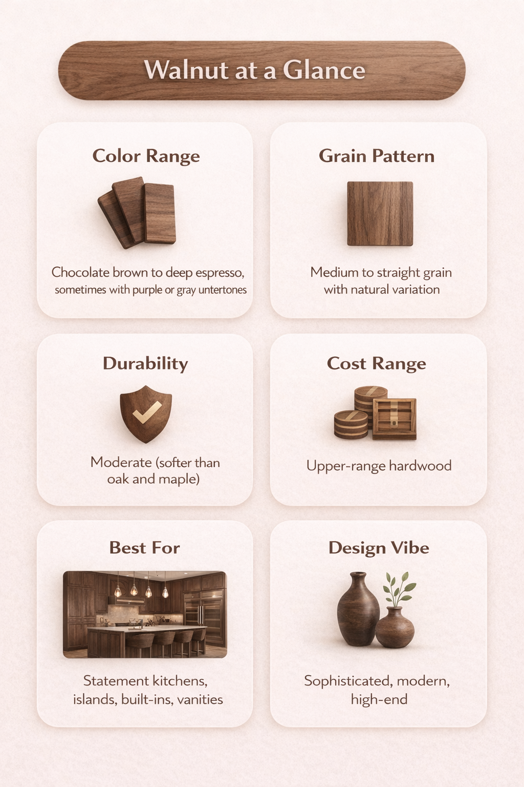 Walnut wood overview graphic showing color range from chocolate brown to deep espresso, medium straight grain pattern, moderate durability, upper-range cost, and best uses in statement kitchens, islands, built-ins, and vanities.