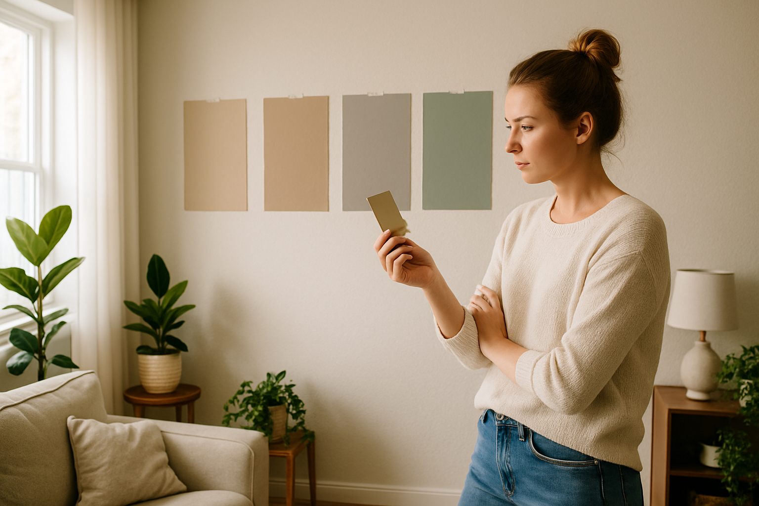 A woman in her 40s with curly dark hair sits cross-legged on the floor, thoughtfully comparing four large paint swatches on a wall. The living room features warm light, vintage décor, a patterned rug, and bookshelves, creating an inviting and creative atmosphere.
