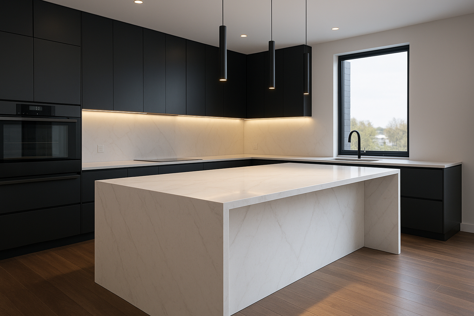 Modern kitchen with black cabinets, white marble countertops with faint gray veining, and a large central island under pendant lights.