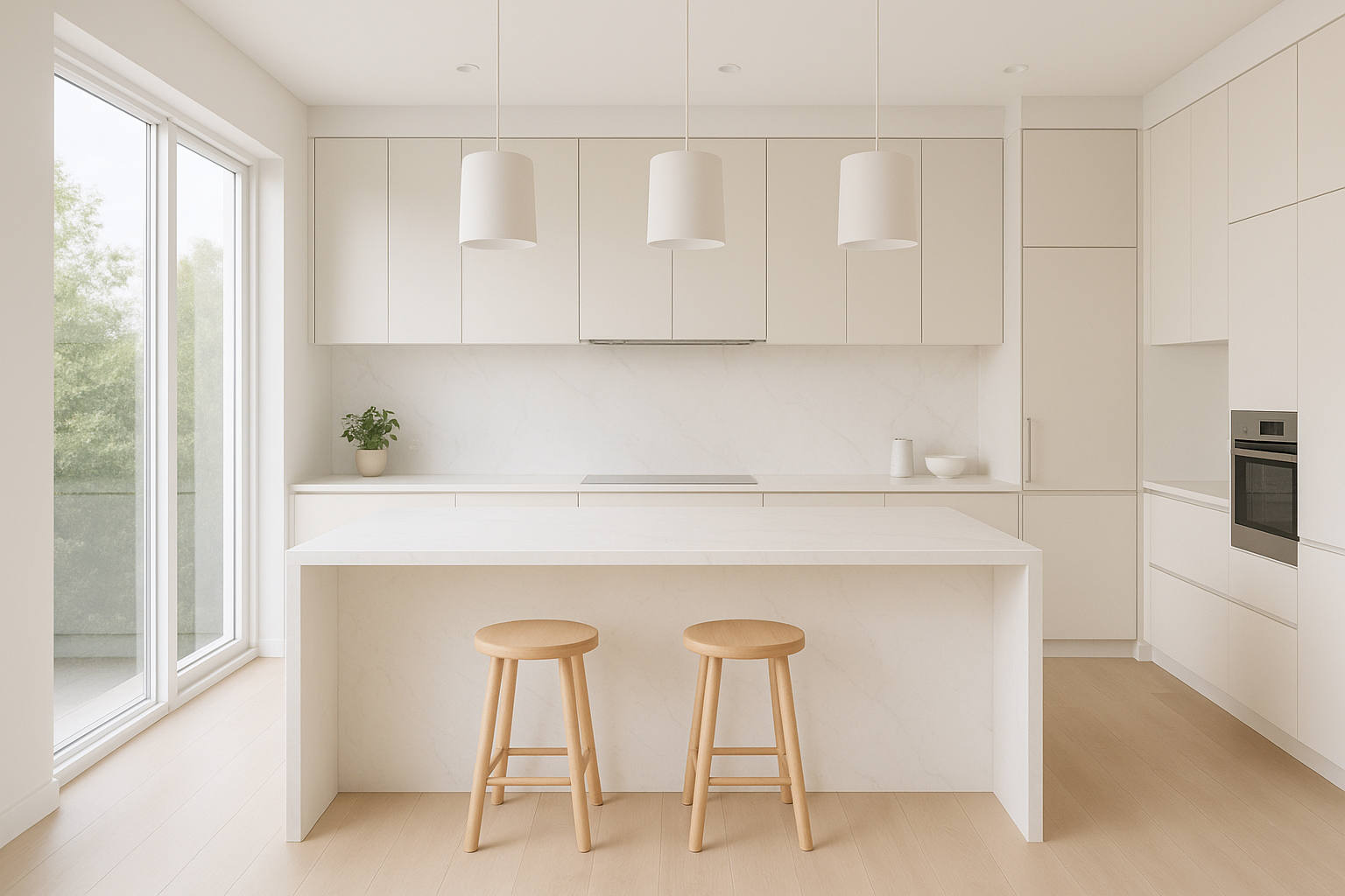 Minimalist kitchen with a large island and perimeter porcelain countertops in white with light marbling, surrounded by floor-to-ceiling cabinets and pendant lighting.