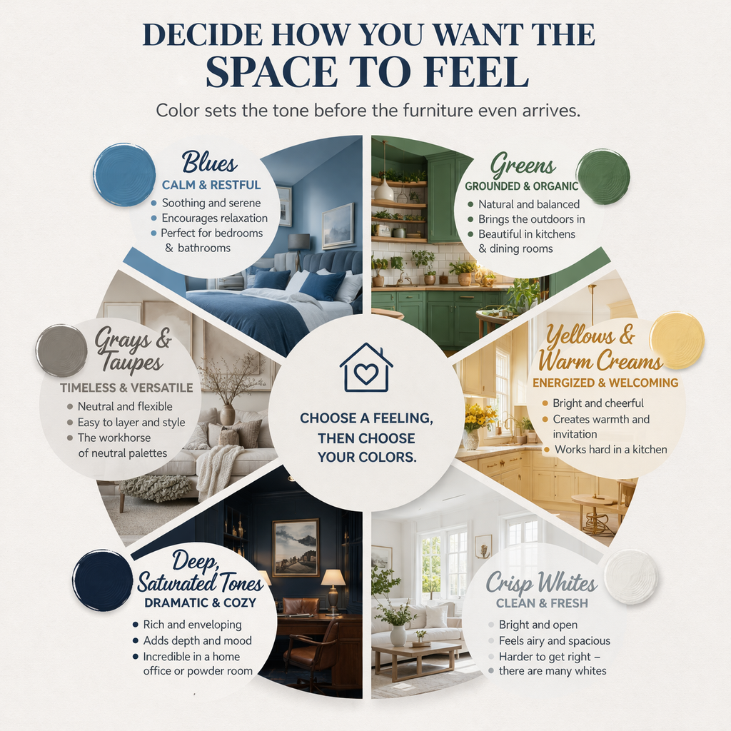 Circular infographic showing how different paint colors influence room mood, including blues for calm, greens for organic feel, yellows for warmth, grays for versatility, deep tones for drama, and whites for a clean, airy look.