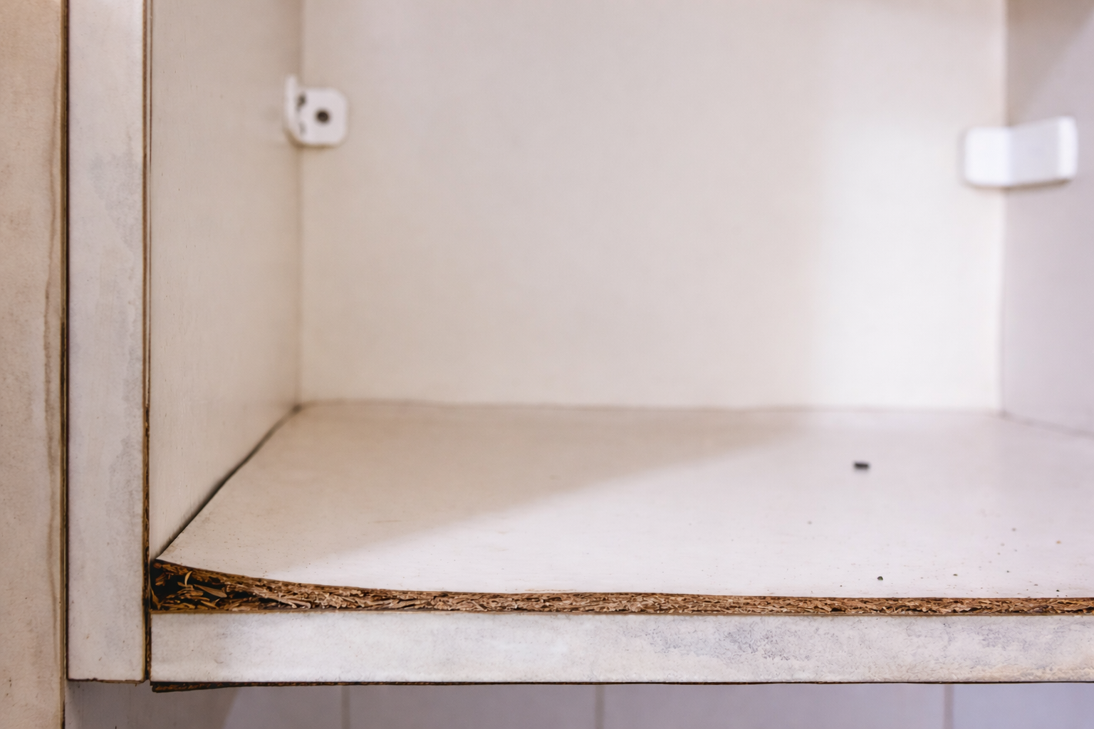 Cabinet base panel peeling and swelling from water exposure, revealing particle board core