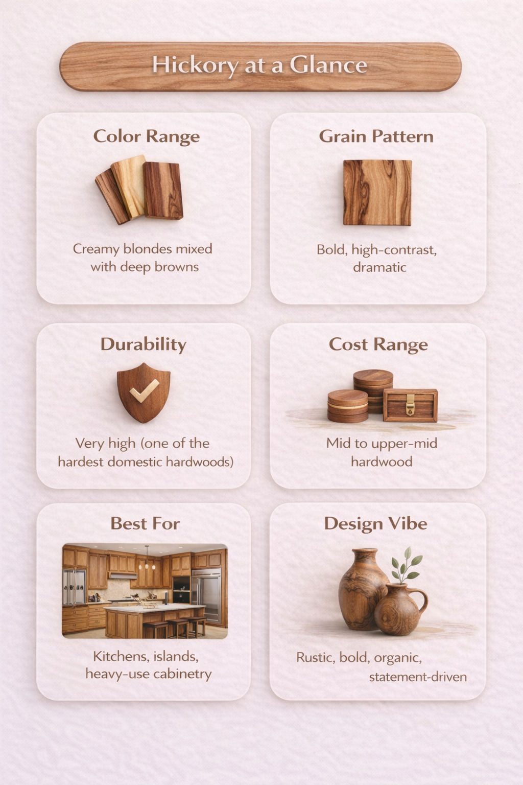 Infographic showing hickory wood characteristics including color range, grain pattern, durability, and cost