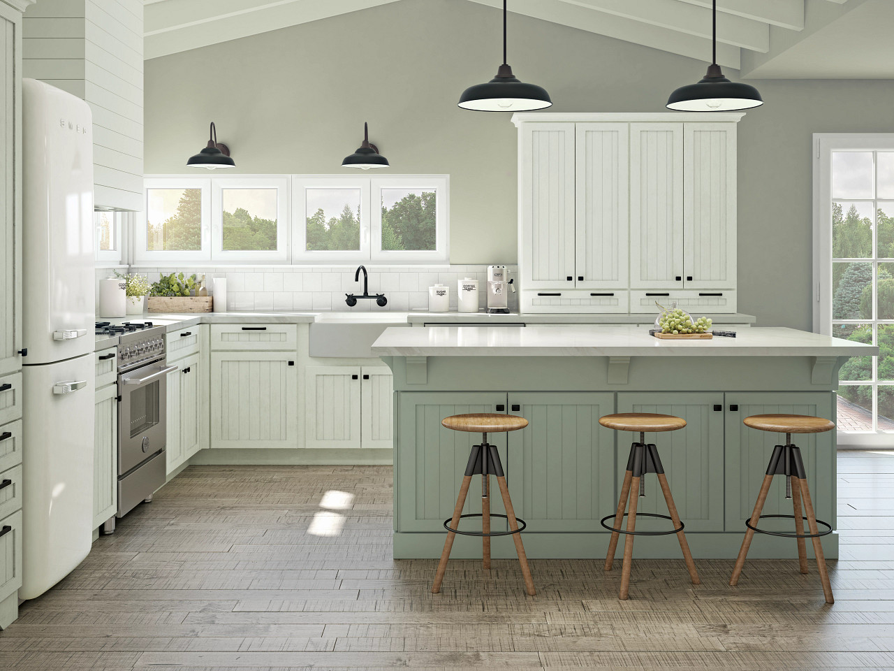 Kraftmaid Cabinets in a sea moss green and white