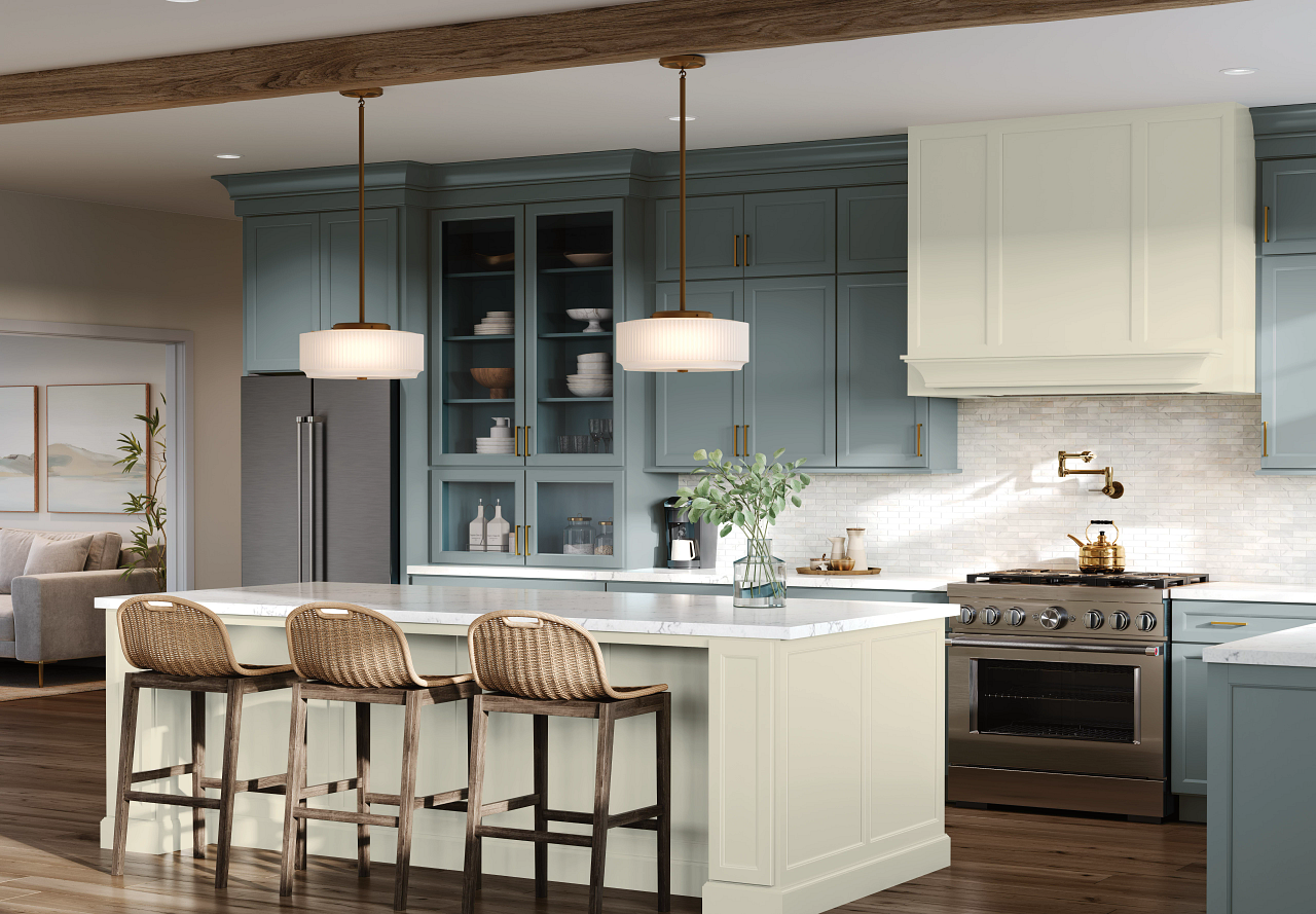 Blue and wood kitchen design – “Rustic modern kitchen with KraftMaid Midnight and Durango cabinetry”