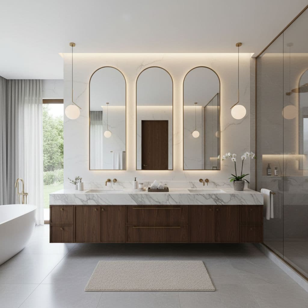 Spacious modern bathroom with floating wood vanity, double sinks, arched backlit mirrors, and marble countertop