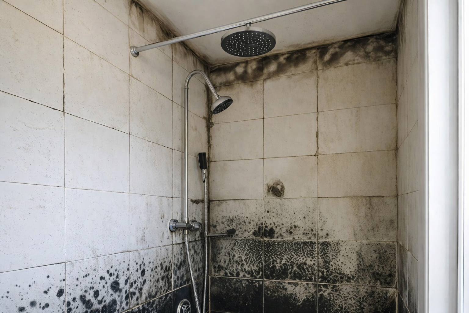 Shower with black mold spreading across tile walls and grout, especially in corners and lower sections