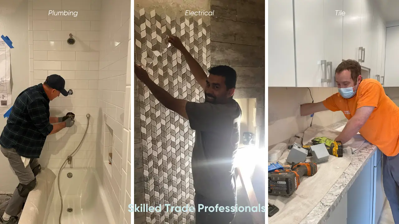 Toupin Construction skilled trade professionals performing plumbing, tile installation, and electrical work during East Bay home remodeling projects.