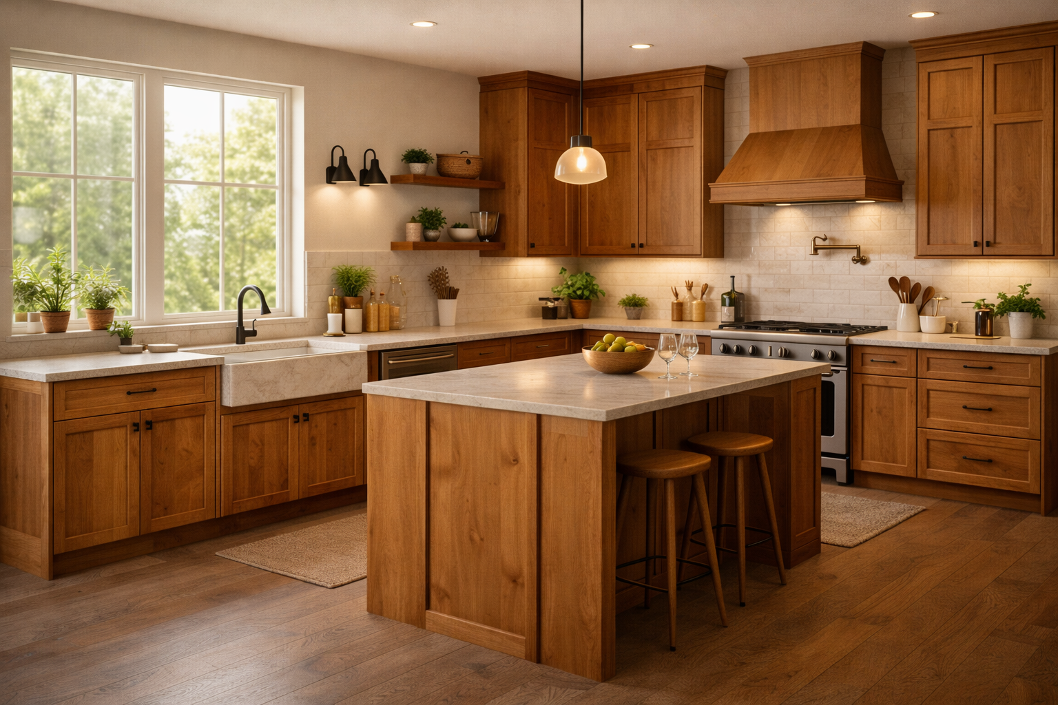 Close-up of alder wood grain showing soft texture and warm reddish undertonesKitchen with alder cabinets featuring warm tones and soft grain in a relaxed design