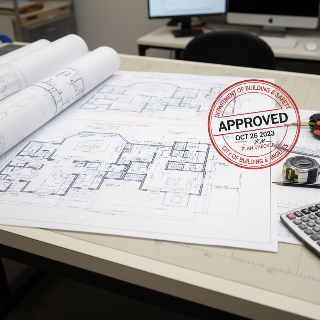 Approved building permit stamp on house plans showing construction plans ready for building approval.