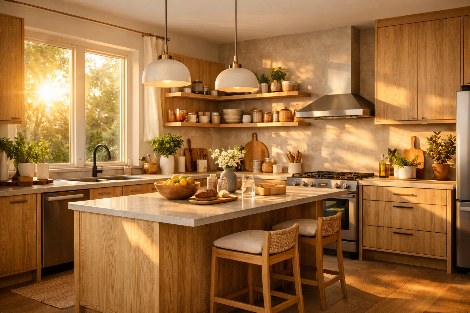 “Modern kitchen with ash wood cabinets, light natural finish, clean lines, and a bright, contemporary design.”