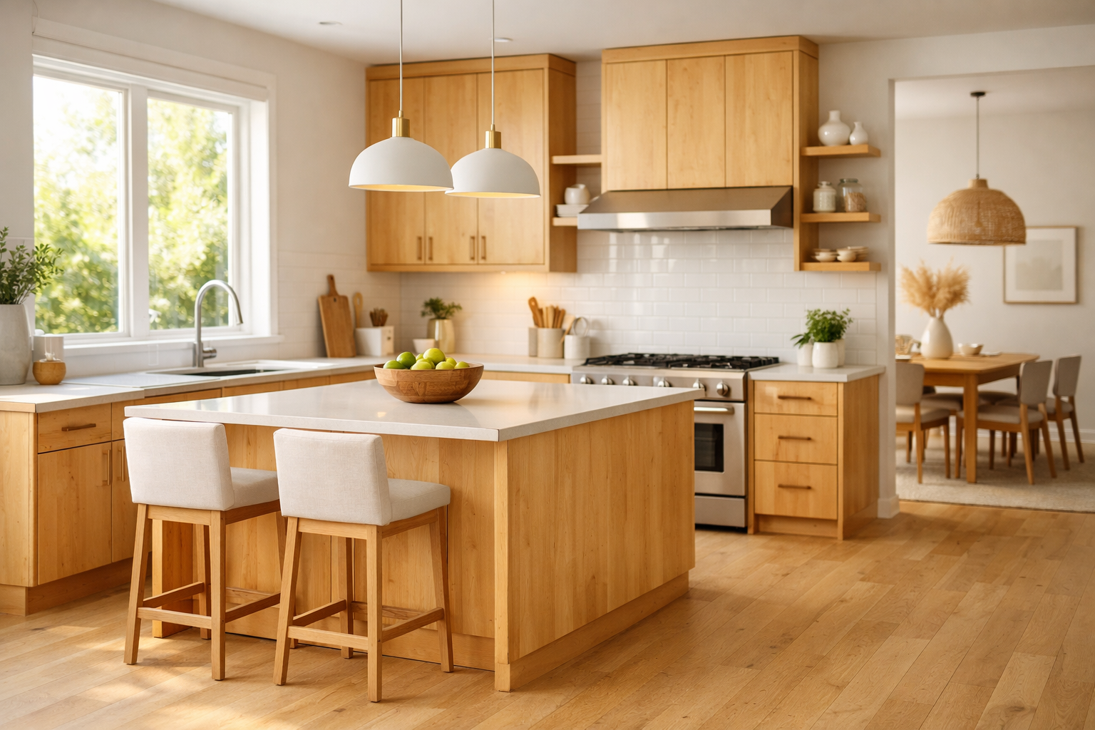 Modern kitchen with birch cabinets, light wood tones, and clean simple design