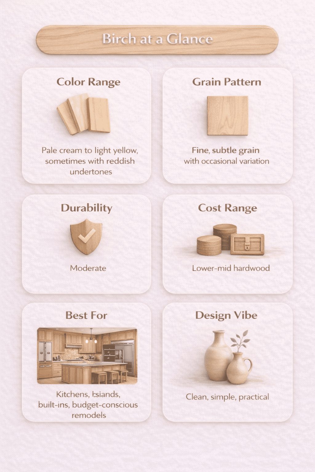 Infographic showing birch wood characteristics including color range, grain pattern, durability, and cost