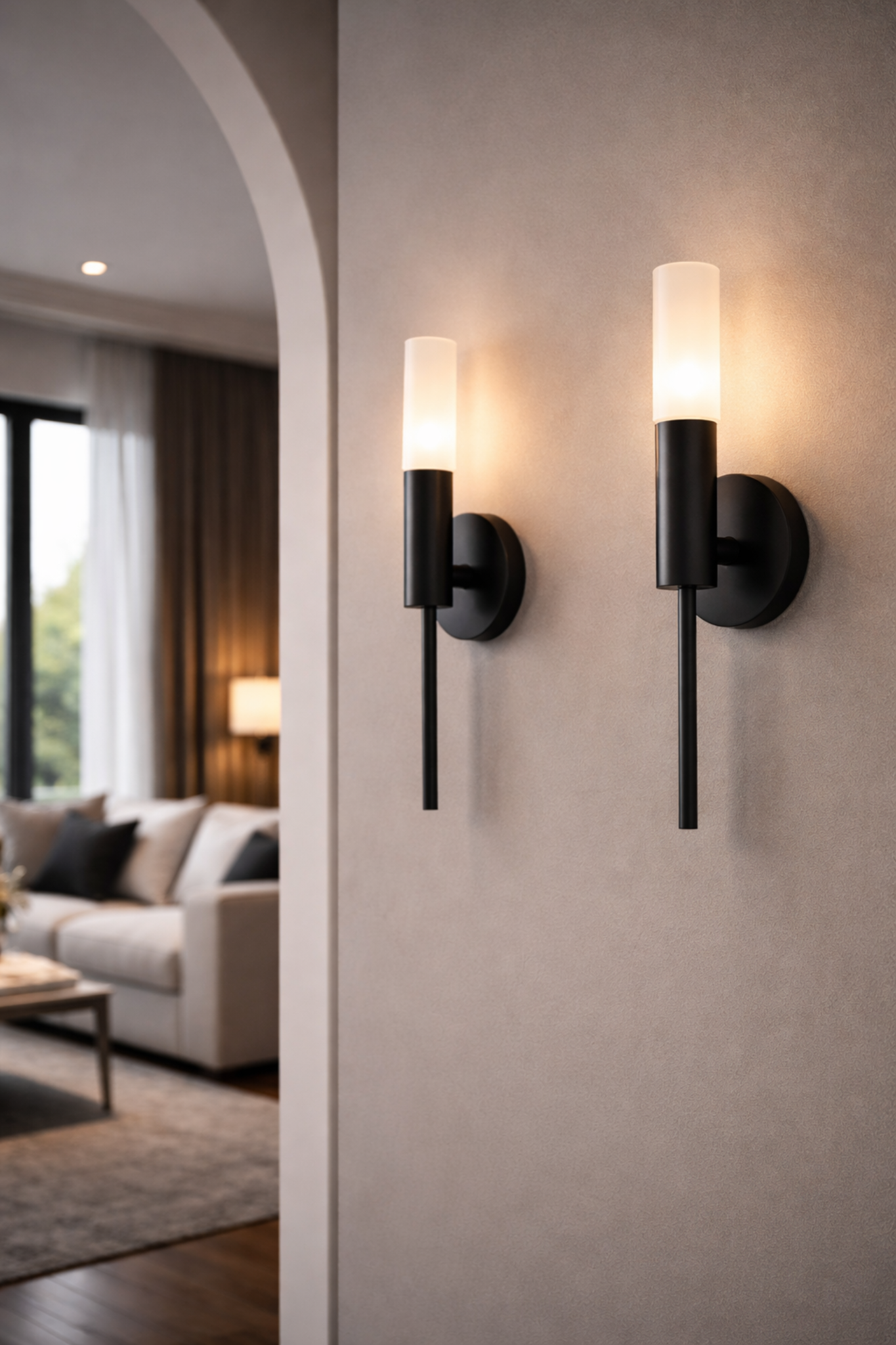 Minimalist black wall sconces with frosted glass shades used as statement lighting in a hallway