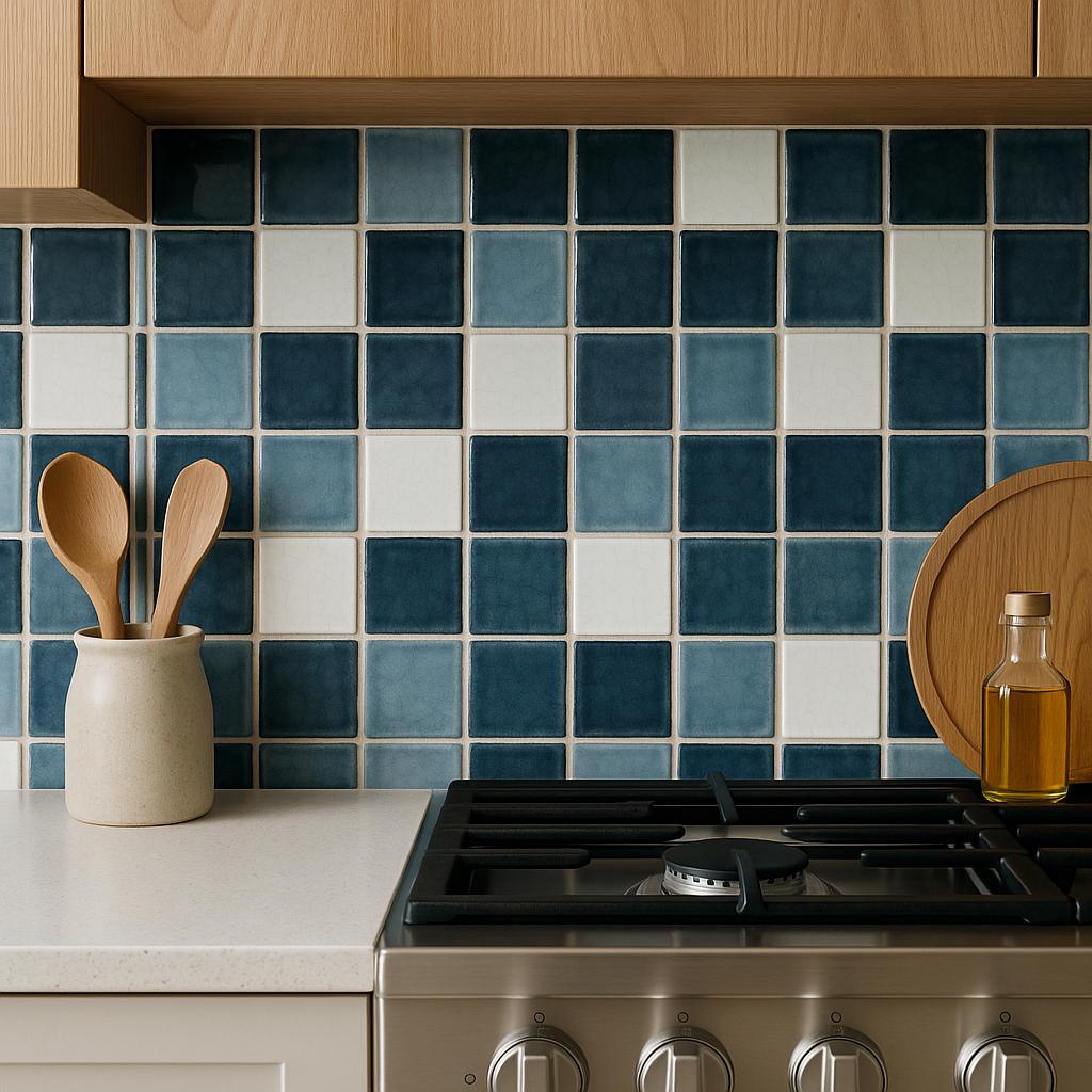Blue and white square tile kitchen backsplash behind stainless gas range with wood cabinets and modern countertop.