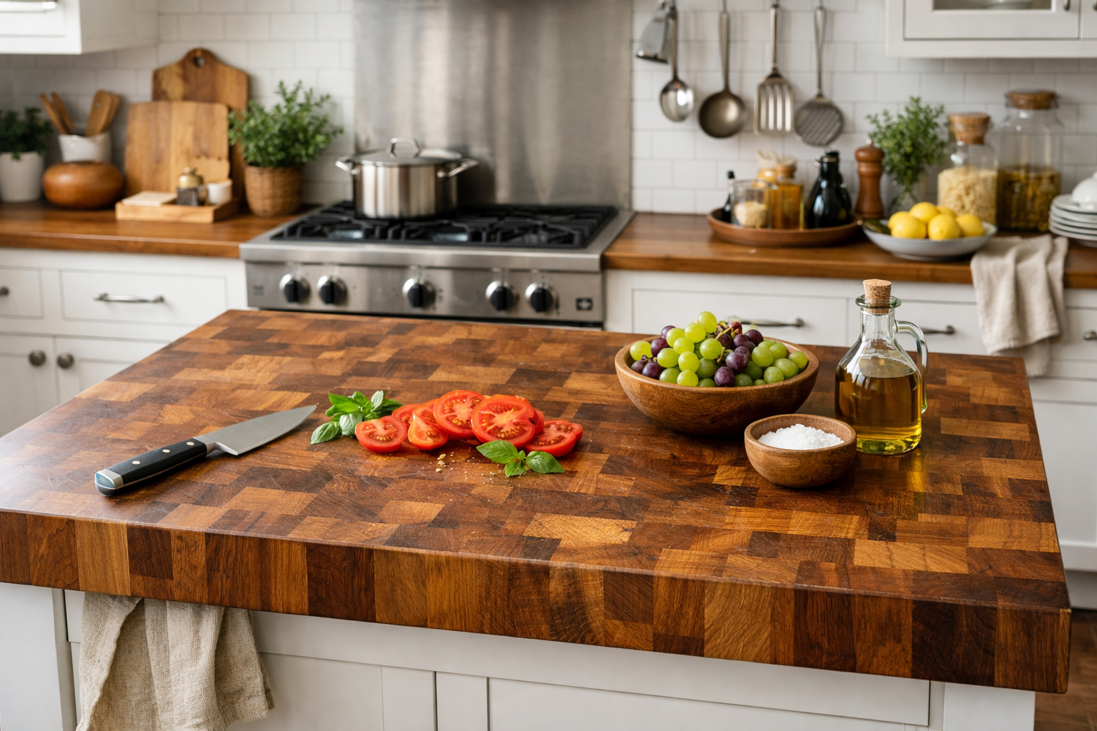 End grain butcher block countertop with sliced tomatoes and kitchen prep items in modern kitchen