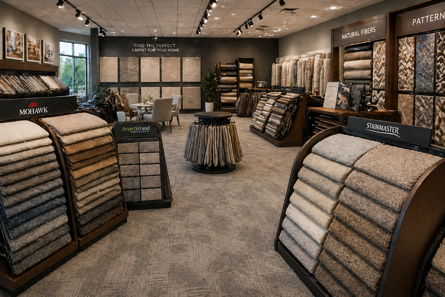 Carpet showroom with neutral-toned flooring samples, including plush and patterned carpet displays