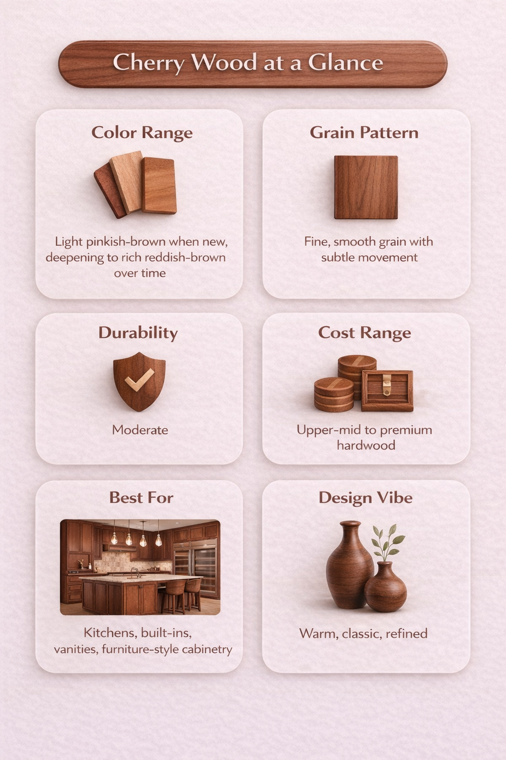 “Cherry wood infographic showing light pinkish-brown color that deepens over time, fine smooth grain, moderate durability, premium cost range, and classic refined design vibe.”
