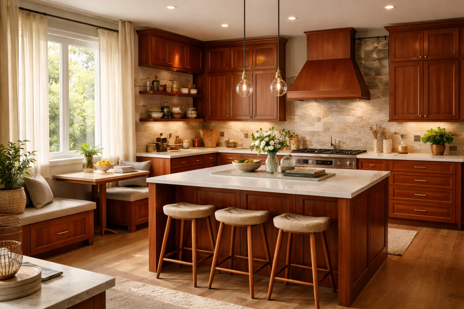 “Kitchen with cherry wood cabinets featuring rich reddish-brown tones, smooth grain, classic design, and furniture-style cabinetry.”