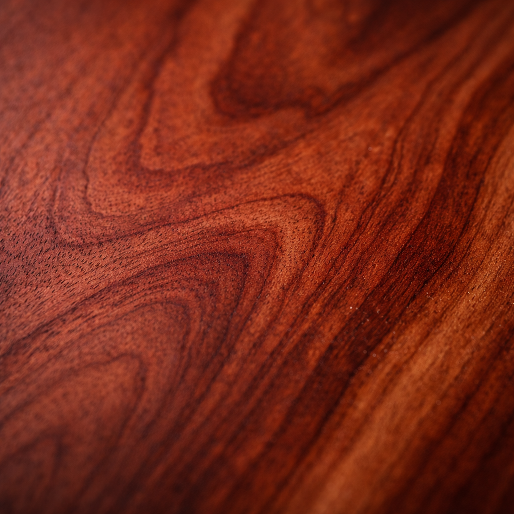 “Close-up of cherry wood grain with smooth texture, subtle grain movement, and rich reddish-brown color.”