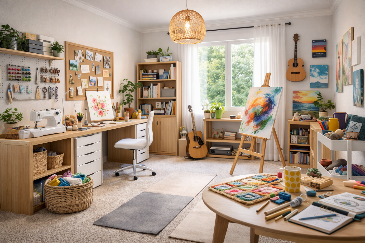 A bright and cozy home art studio with a sewing machine, painting easel, craft supplies, and colorful handmade projects.