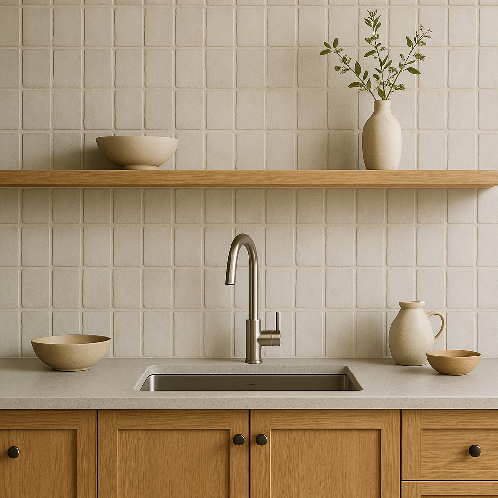 Kitchen with vertical blue tile backsplash, blue shaker cabinets, floating wood shelf, and modern stainless faucet.
