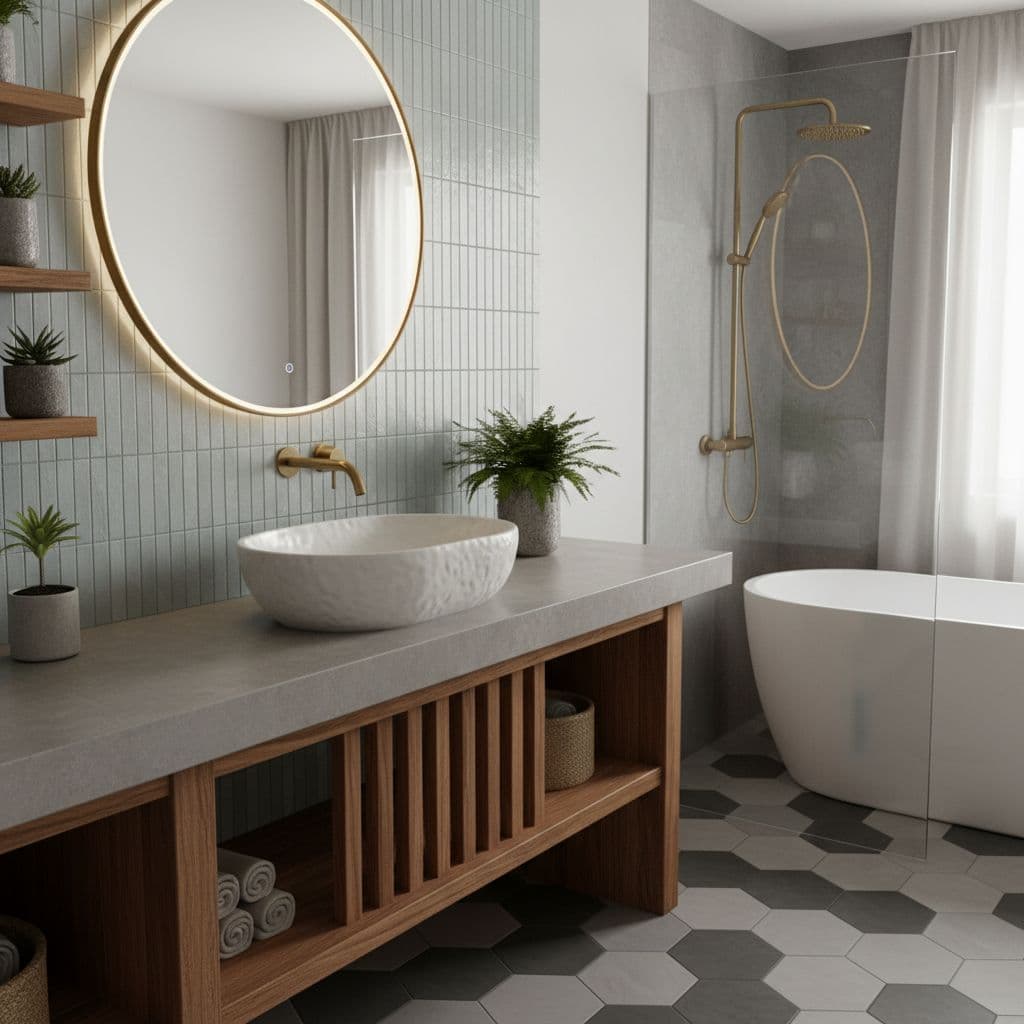 Vessel sink on wood vanity with hex tile floor in modern bathroom