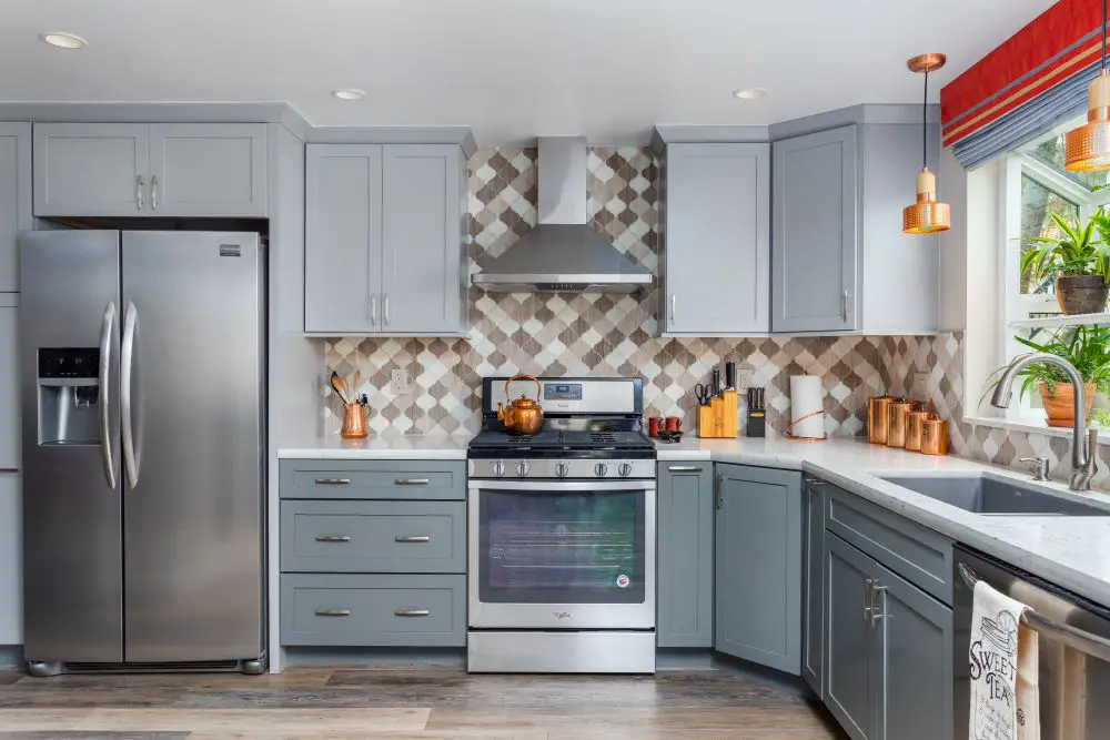 Modern kitchen with gray shaker cabinets, geometric tile backsplash, stainless steel appliances, and warm copper accents.