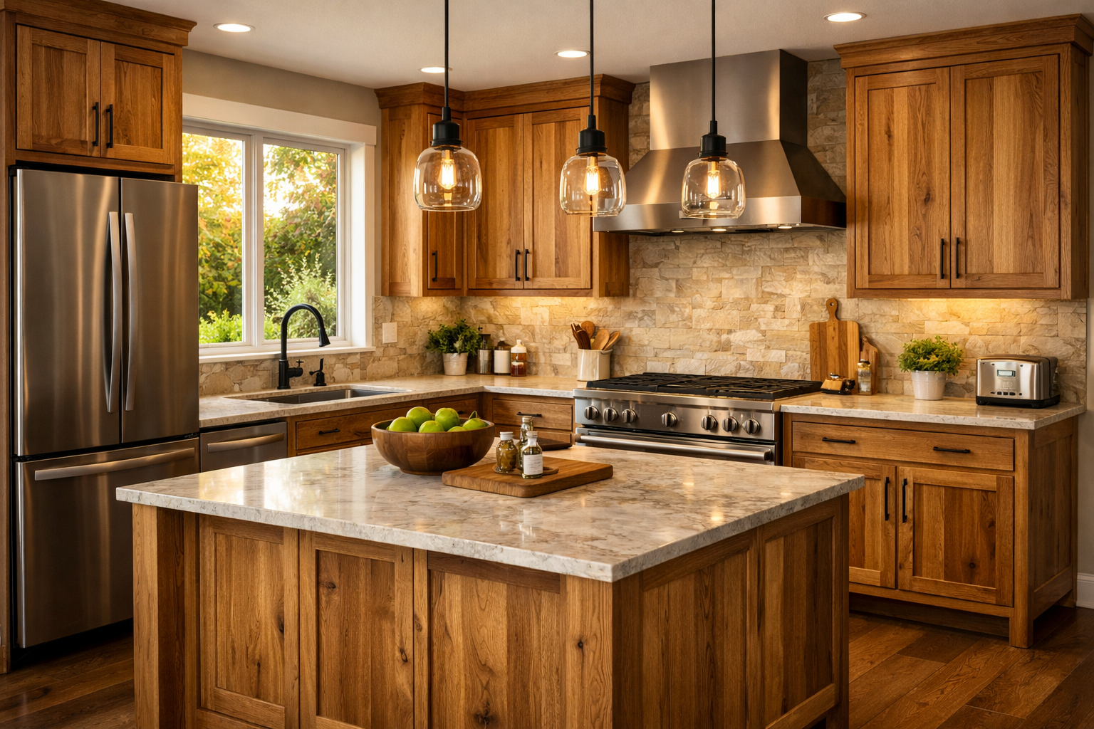 “Kitchen with hickory wood cabinets featuring bold grain, high contrast tones, and a rustic, durable design.”