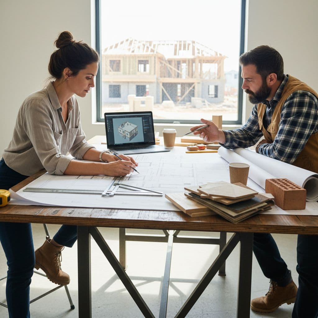 Contractor and homeowner discussing house plans and blueprints at table during construction planning phase.