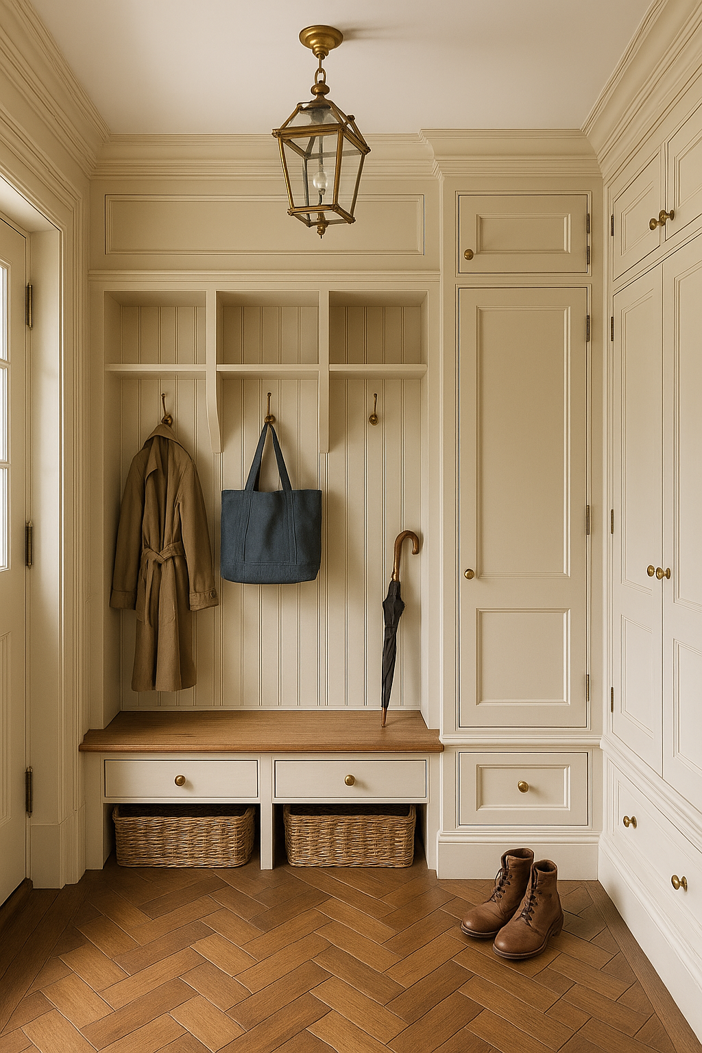 Modern KraftMaid mudroom with light wood lockers, drawers, and open storage