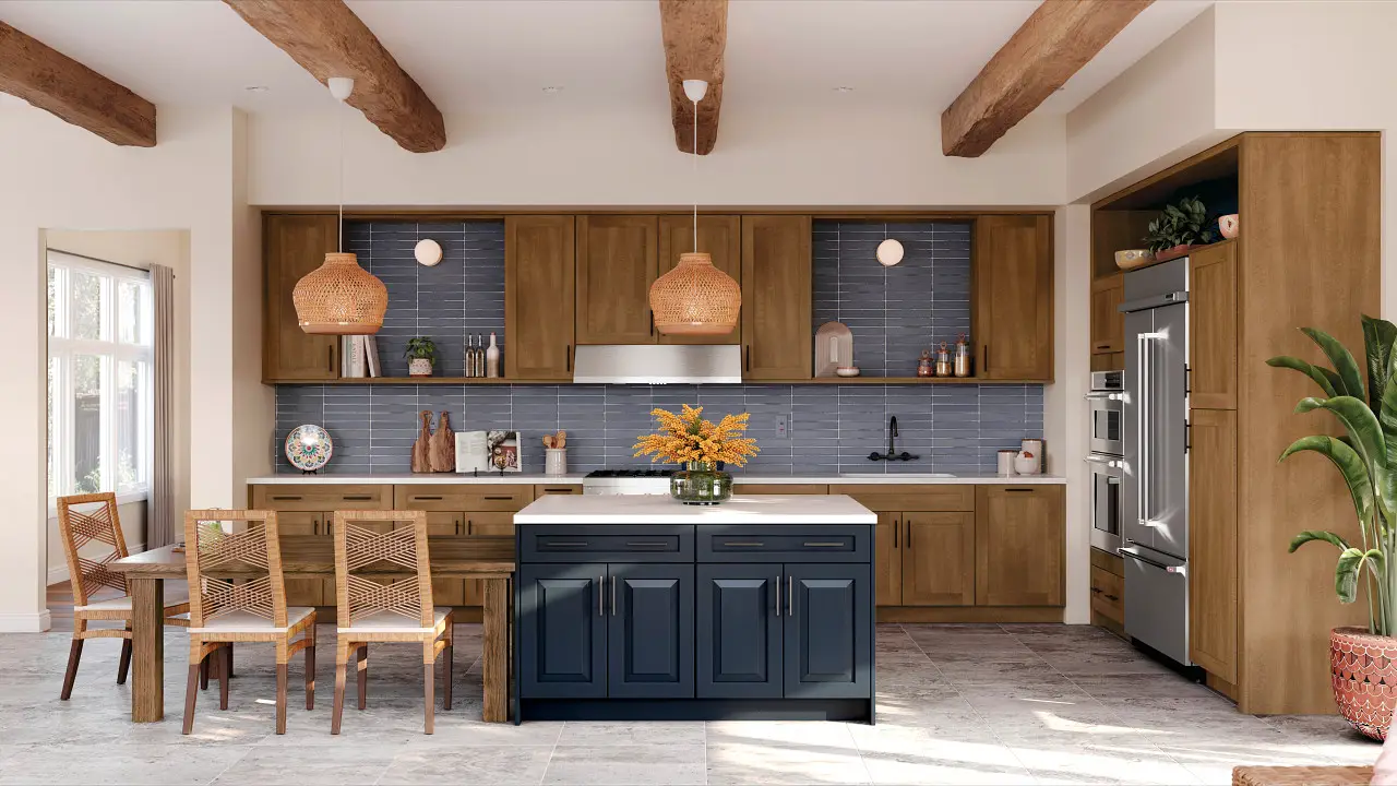 Warm wood kitchen with navy island, woven pendant lights, exposed beams, and gray tile backsplash