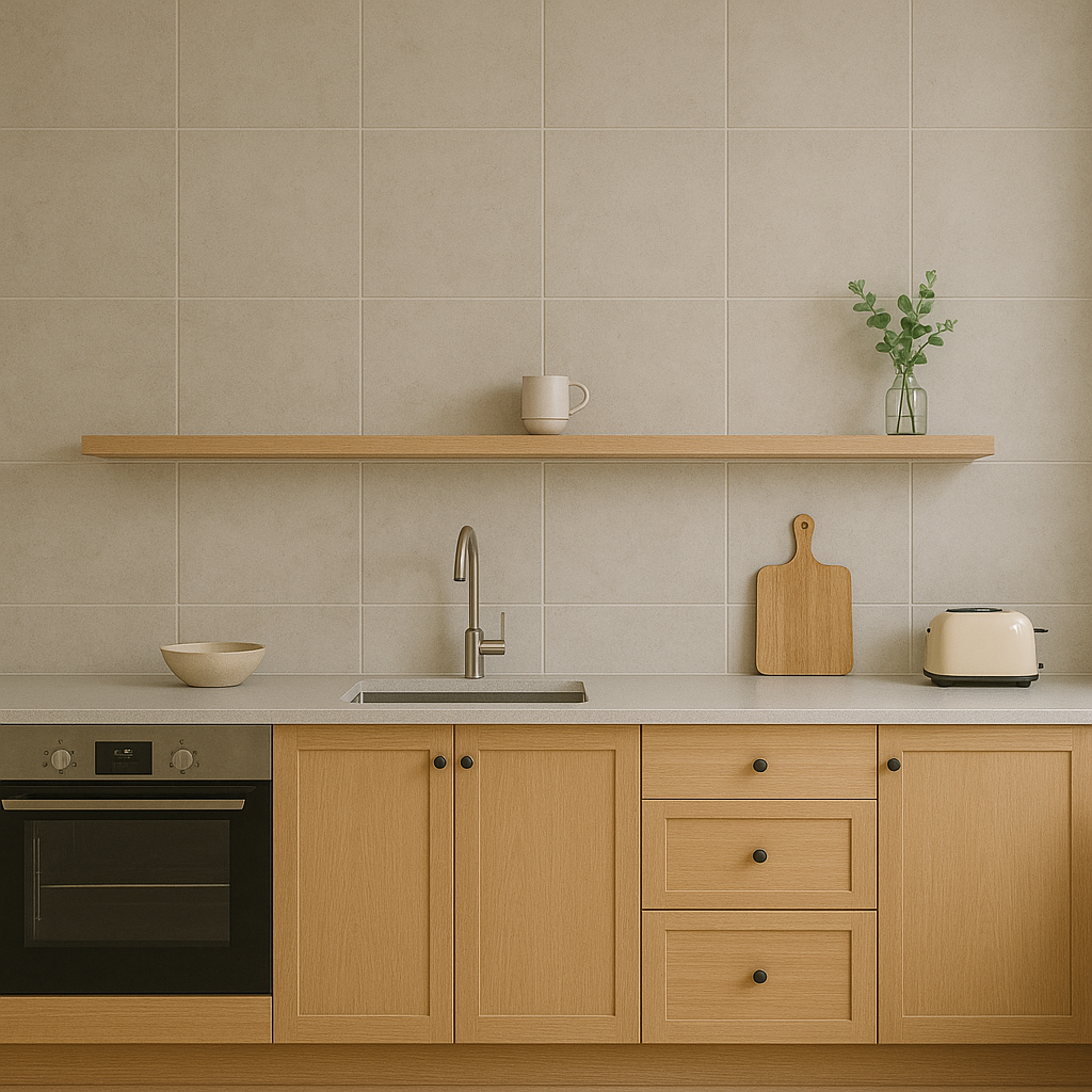 Contemporary kitchen with large beige wall tiles, light wood cabinets, floating shelf, white counters, and warm minimalist styling.