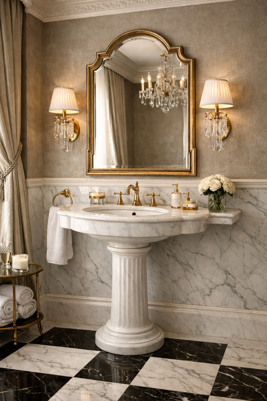 Luxury marble pedestal sink with gold fixtures in a classic elegant bathroom