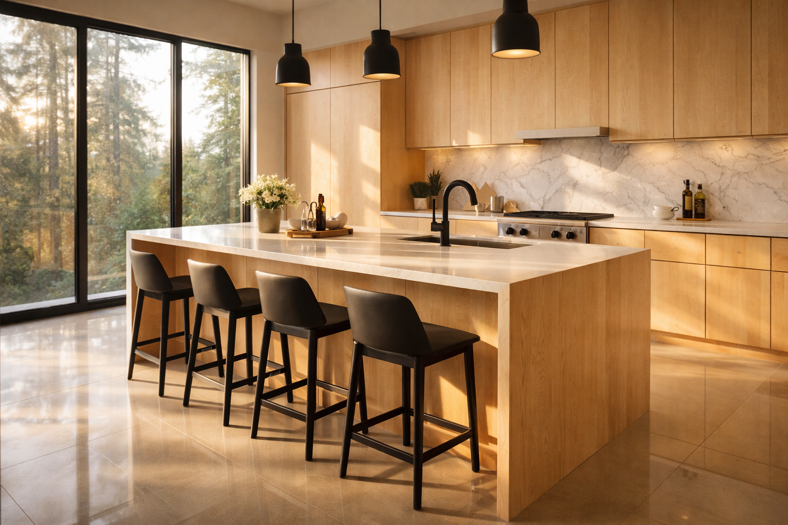 Modern kitchen with light maple cabinets, waterfall island, and black pendant lighting