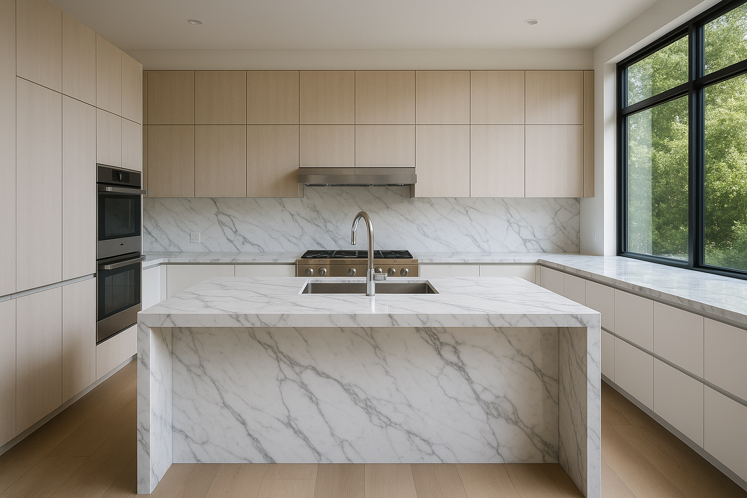 Marble waterfall island with black cabinets and modern lighting in contemporary kitchen