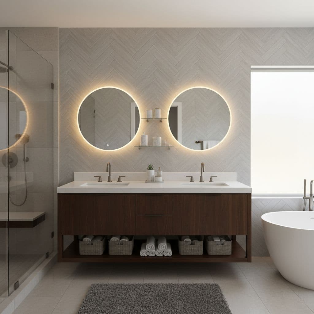 Modern double vanity with wood base, white quartz countertop, and round backlit mirrors beside a freestanding tub — contemporary Rossmoor bathroom design.
