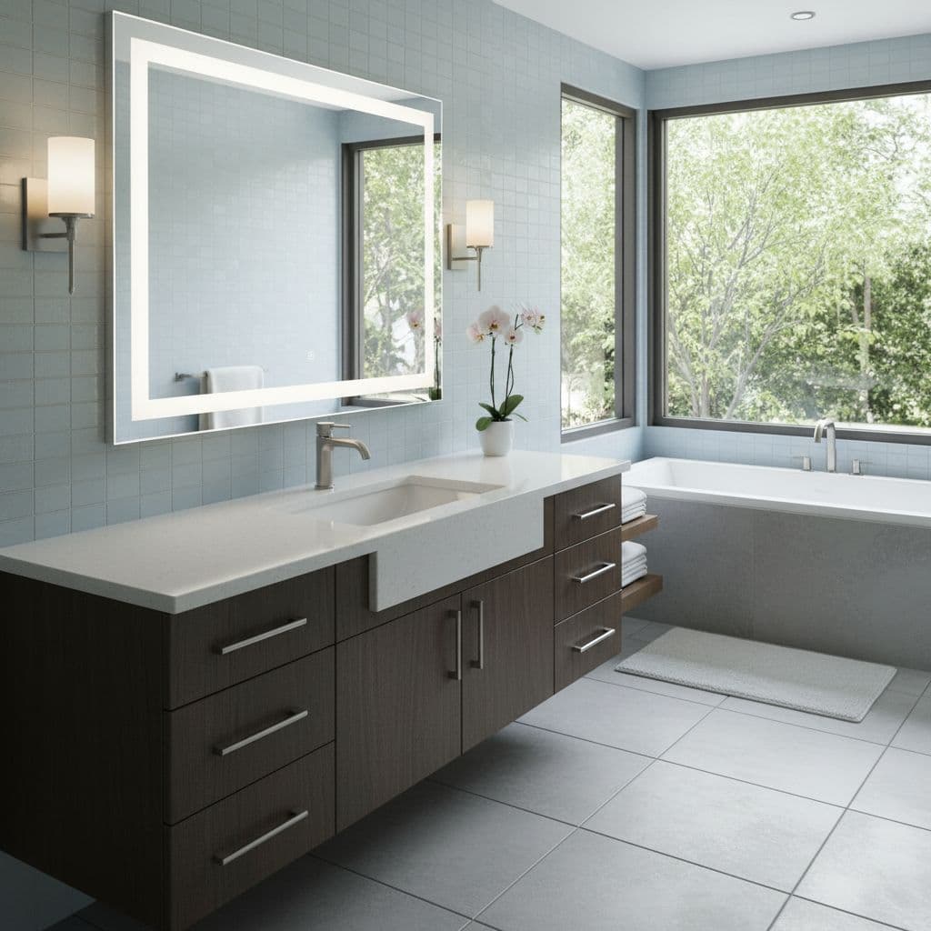 Contemporary bathroom featuring a drop-in sink with sleek quartz countertop, floating vanity, and illuminated mirror overlooking a soaking tub.