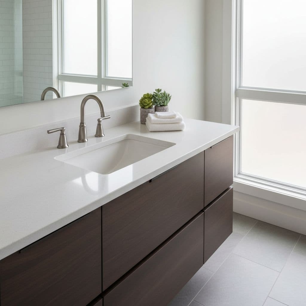 Modern bathroom with undermount sink, quartz countertop, brushed nickel faucet, and dark wood vanity — East Bay remodel by Toupin Construction.