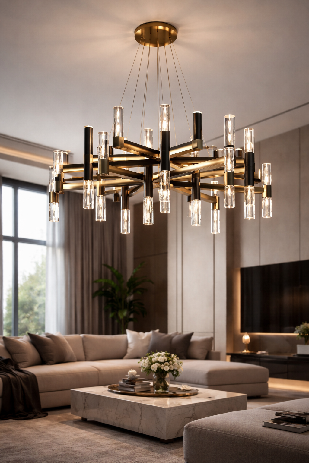 Modern brass linear chandelier with glass tube bulbs in a contemporary living room creating statement lighting