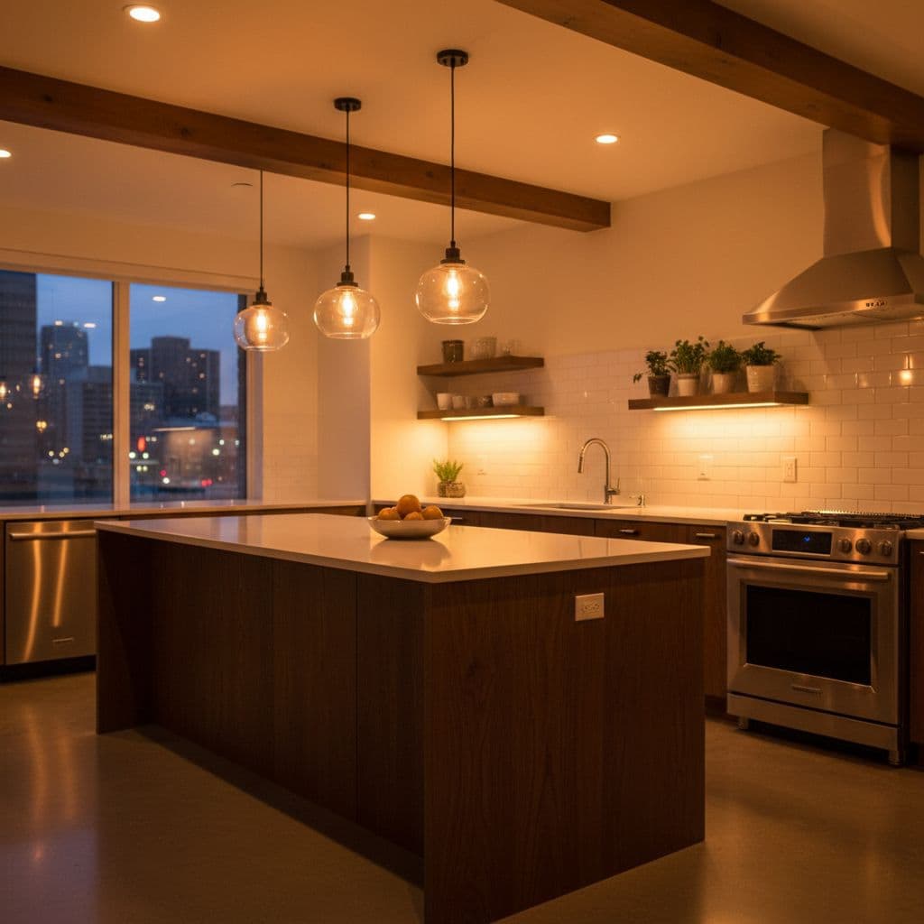 Modern kitchen with warm ambient lighting and pendant lights over island at night.